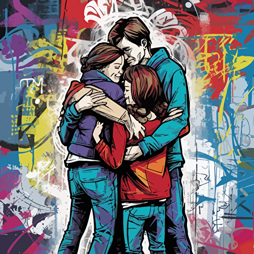 vector image of a family hugging, graffiti style