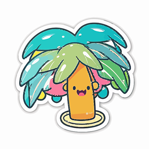 sticker, Happy Colorful palmetto tree wearing Headphnes, kawaii, contour, vector, white background