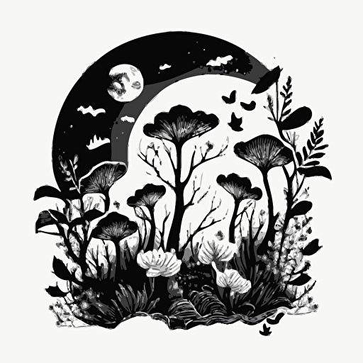 moon flowers mushrooms forest. Block print style, black ink style, white background. Abstract. Vector.