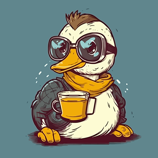 duck wearing eyewear and drinking tea ,comic vector illustration style.