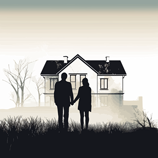 Simple illustration, real estate purchase, deal, math, house, two persons, black and white illustration, pure color background, vector, illustrator,