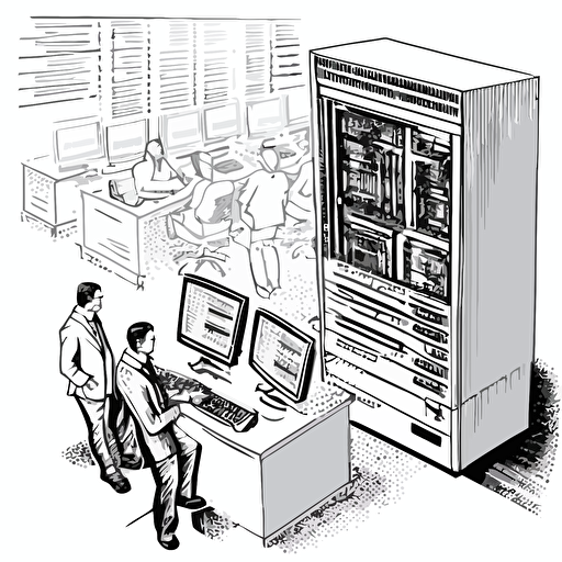 a vector sketch draw of a complex IT Architecture with PCs and Servers and multicultural employees, white background