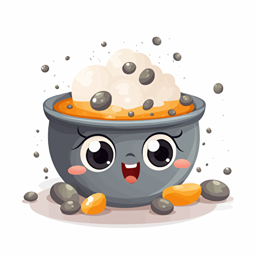vector art illustration of a soup with pebble stones in it for a kids book, cute style, white background,