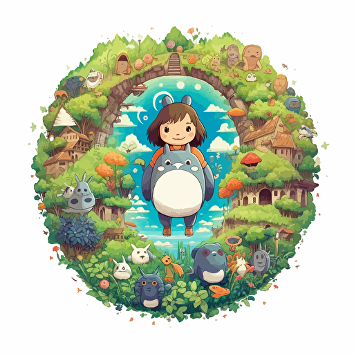 round up design with digital illustration of chihiro, no face, totoro, magic world inspired by Studio Ghibli, vector illustration, intricate details, unreal engine, extremely high detailing, sharp, white background