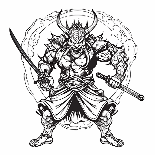 japanese demon samurai ignorant style No Shadow. Cartoon. Coloring page. Vector. Simple.