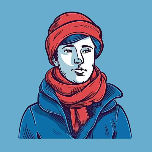 A man in a blue scarf with a red nose. Outline simplified, stylized illustration with vector fills.