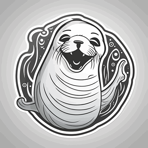 sea lion, Sticker, Happy, Dark, mural art style, Contour, Vector, White Background, Detailed