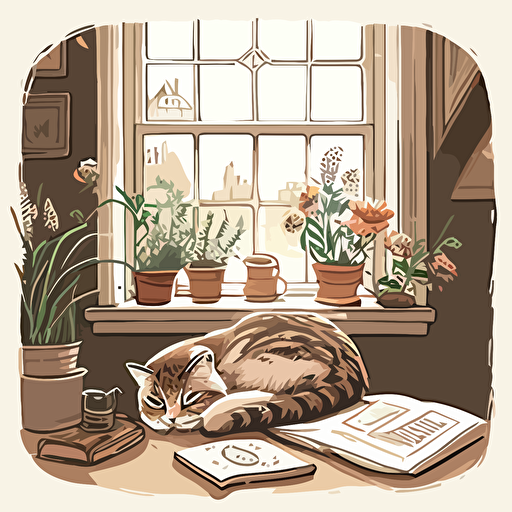 neutral colors, english country cottage style room with small stack if books, sprigs of herbs and flowers resting in the foreground, small cat sleeping in a cute pose near the books, nick-nacks positioned near-by, bookmark, contour, vector