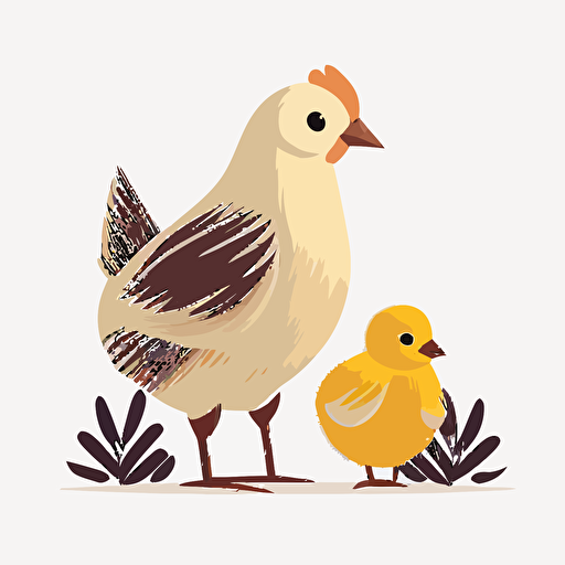 white hen chicken and her yellow baby chick, white background, childrens book flat color vector art