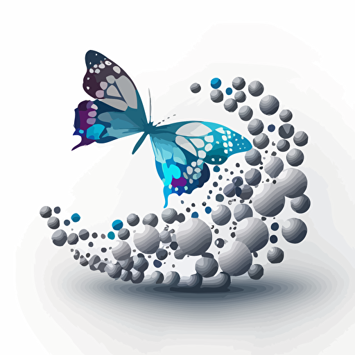 side profile of a butterfly landing on a bead necklace. simplistic art, vector style, white background. colors white, silver, blue and light blue