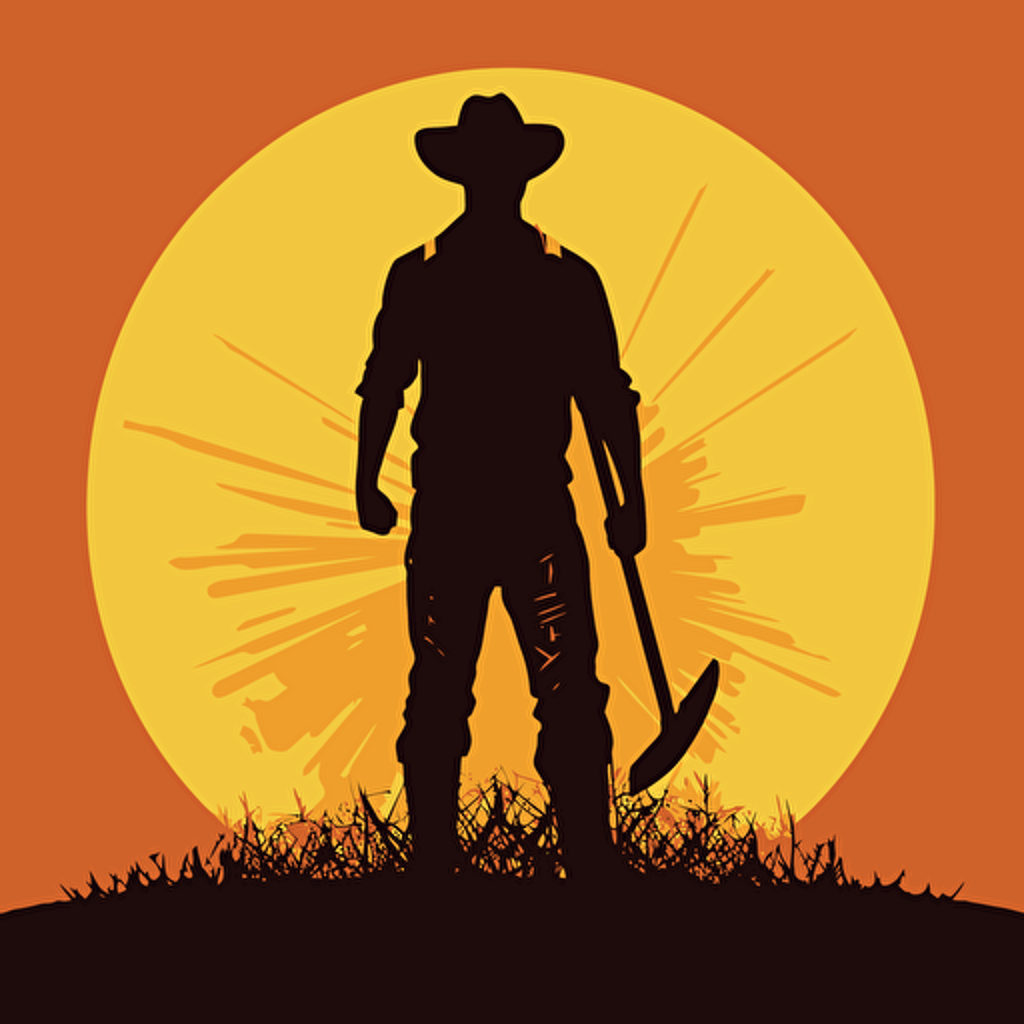 simple vector art of sun, silhouette of farmer holding axe, support local farmer.