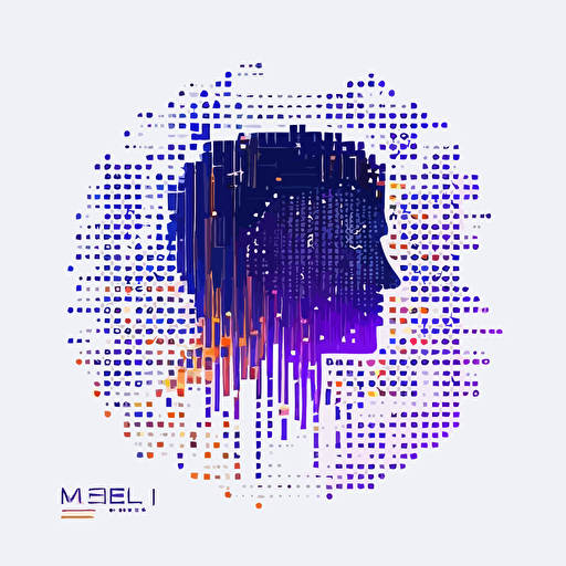 A modern and minimalist circle logo designed of a person side face, pixel art, matrix code, flat vector logo, blue purple orange gradient, simple minimal, style of japanese book cover