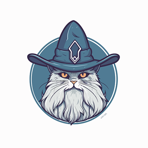 logo design, flat 2d vector logo of acat in pointed hat, muted grey and blue colors, 80s, gandalf-inspired