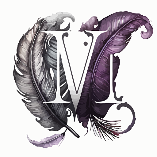 M and J as a logo using purple and grey with a quill feather vector style