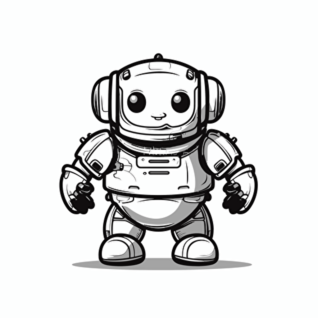 Chubby robot illustration, looking at the camera, minimal, outline strokes only, black and white, logo, vector, white background