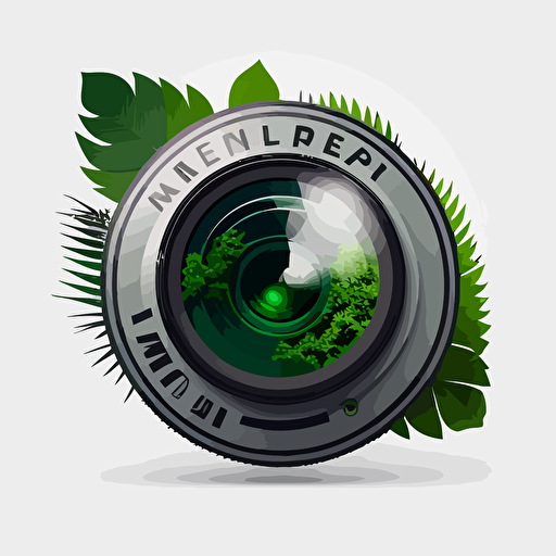 a vector logo 3 colours green, light grey. Of a camera lens and nature