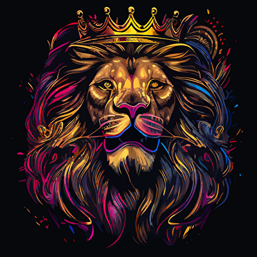 a ferocious lion with a big mane wearing a crown, chicano style graffiti , neon colors, vector