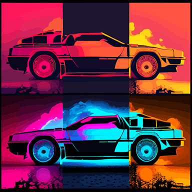 delorean in tych style, peter saville, vector, poster, neon colors