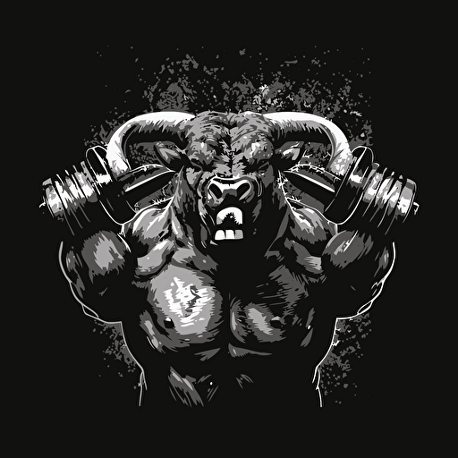 bull holding powerlifter weights in his mouth, vector style, black and white, black background