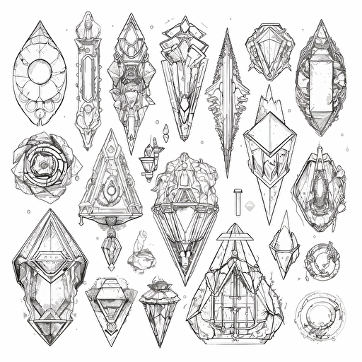 art journal pages, Collection of futuristic cut jewels, cyber punk, translucent, shiny object, high detail, symmetrical, vector, ink, sketch, white background