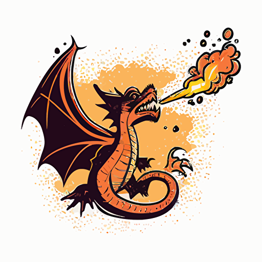 draw a 2D vector, cartoon, happy scene about flying dragon throwing fire from its mouth, a simple drawing, in color but bordered with a black line, flat drawing and without details on a white background