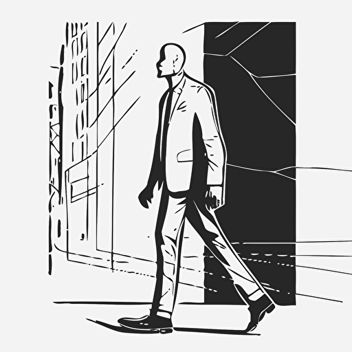 /an illustration of a men with long legs , disproportionate to his body, walking sideways, black and white. outline, vector, imprefeect stroke. modern, cool, creative