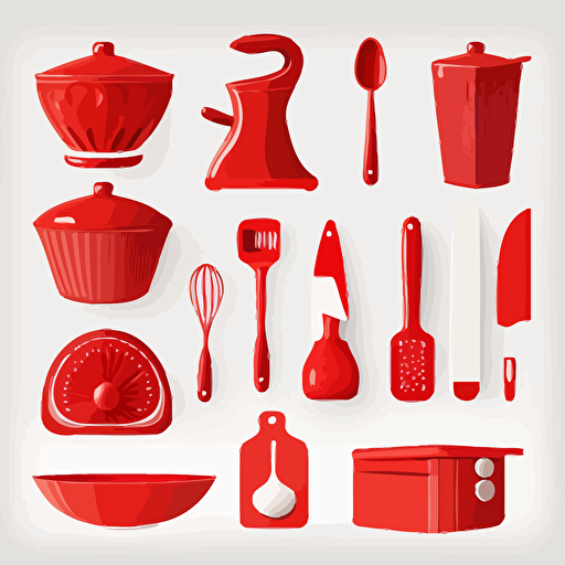 red kitchen accessories, high details, clip art, vector style, white background