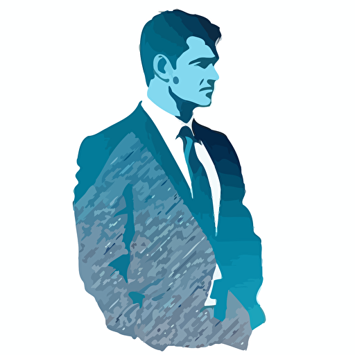 silhoette of professional man, arms crossed, blue color, white background, simple design, vector style