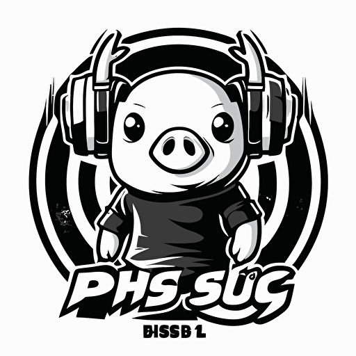 mascot logo of a dj pig, esports style, black and white, 2D vector logo, flat, white background,