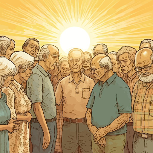 WIDE ANGLE shot. A warm sunny summer day nearing sunset as background, Vector art, softly colored. a small group of elderly modern day Christians have gathered casually to pray with a old bald guy in the middle. They are huddled together praying with heads bowed and holding each other's hands facing the horizon. angel spirit hovers above them.
