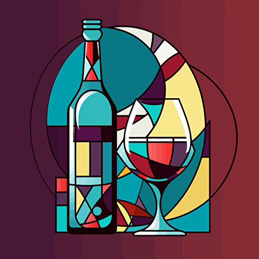 vector logo, multicolored wine bottle and glass, whimsical illustration, primary colors