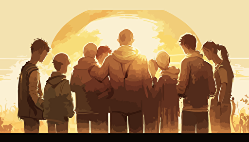 WIDE ANGLE shot. A warm sunny summer day nearing sunset as background context. vector art, softly colored. a small group of modern day people have gathered to pray, They are huddled closely together praying with heads bowed and holding each other's hands while they pray enthusiastically, facing the horizon.
