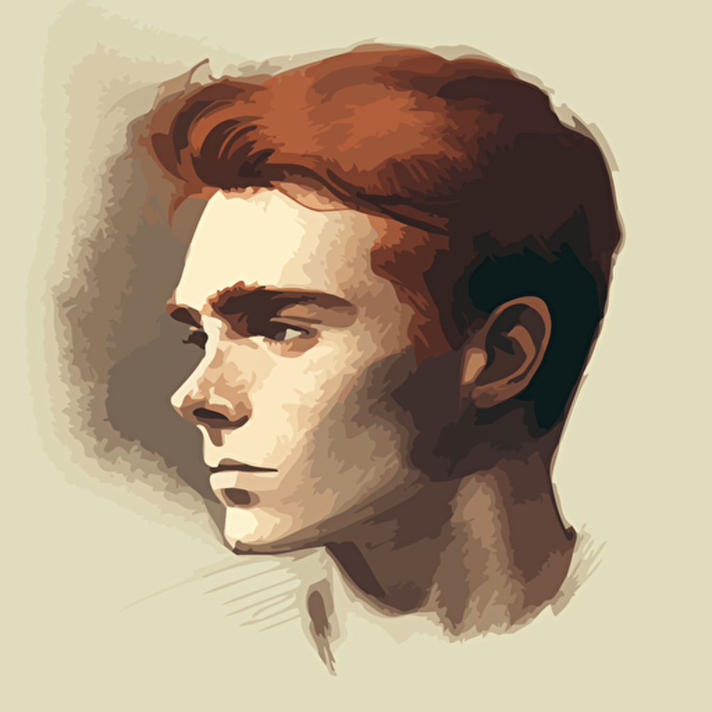 Young man, brown eyes, tapered auburn gold hair, no other distinctive features, focused stoic demeanor, meditation, headshot, muted colors, simplistic, vectorized, pencil sketch