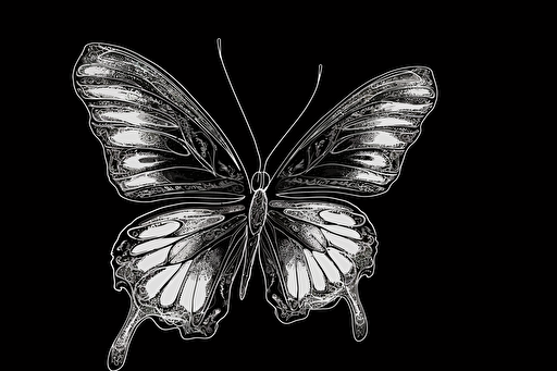 butterfly vector image white ink black background, black and white drawing ,