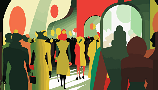 The Entrance to a fashion store in a crowded shopping mall, in the style of lively tableaus, li-core, colorful, vectorized