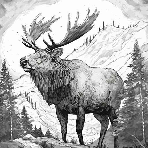 Grizzly bear pretending to be an Elk, Black and white illustration : : vector style