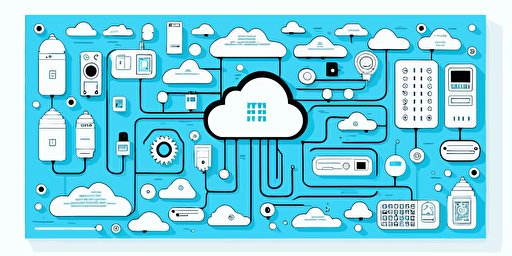 vector minimalistic illustration, very simple, networking, cloud, electronic board, IoT internet of things, all connected, white background, light blue and black components,