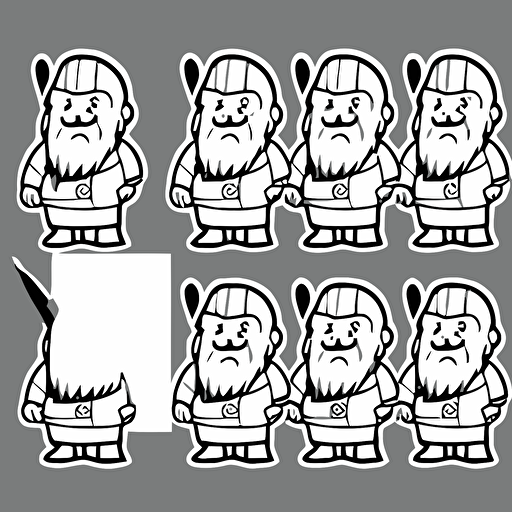 vector image white sheet with dwarf stickers, thick outline, 4 rows of 4 stickers