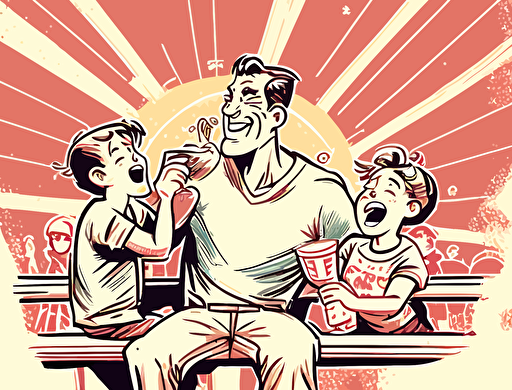 A single father with his son and daughter, sharing a joyful moment at the playground. They are all sitting on a bench, eating ice cream and laughing together. The sun shines brightly behind them, signifying the warmth of their love. soft warm lighting, sketch illustration, vector art