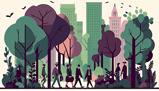 corporate people walking, buildings and trees landscape, scenery, flat vector art style, illustration, very detailed, purple blue and green colors, soft colors, by Tom Whalen