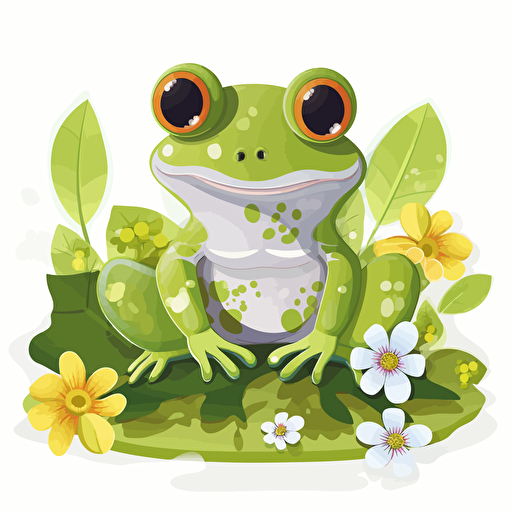 cute frog sitting on leaf, flowers, detailed, cartoon style, 2d clipart vector, creative and imaginative, hd, white background