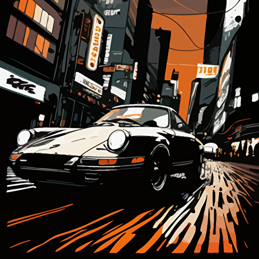 porsche 911, illustration, sin city style driving in tokio street, 2d vector art