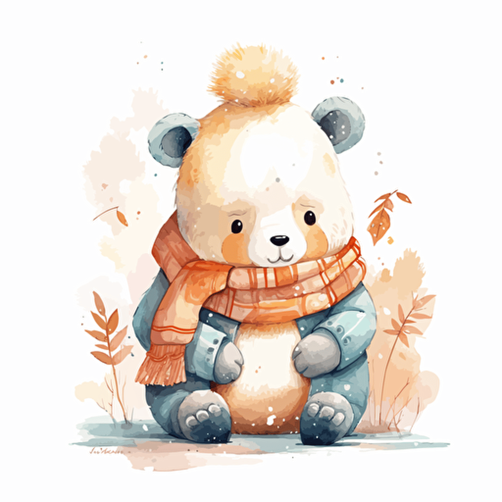 Chinese cute bear winter illustrations detailed, cartoon style, 2d watercolor clipart vector, creative and imaginative, hd, white background