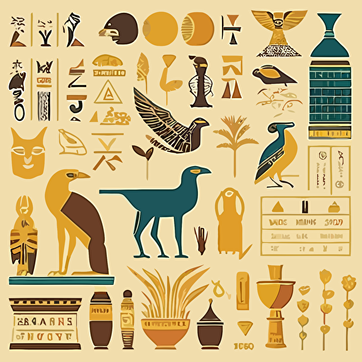 Design a vector illustration of various Egyptian hieroglyphs that were used in ancient times. Include symbols for animals such as cats, snakes, and birds, as well as symbols for common objects like baskets, water jugs, and boats. Use a color scheme inspired by the sand and stone hues of the desert, with muted yellows, browns, and grays. Arrange the hieroglyphs in a way that tells a story or creates a pattern, such as a repeating border for a larger design project.