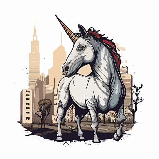 funny unicorn in the bad part of city, vector logo, vector art, emblem, simple cartoon, 2d, no text, white background