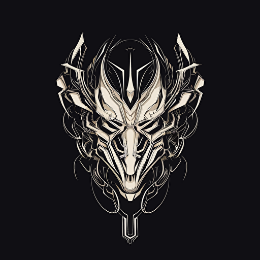 A front view of a mask, futuristic, symetrical, wires. black ink on paper, military, manga. industrial, noire, fashion, dark background, sewers. horns::