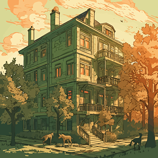 an illustration of a two story multifamily building, with green oak trees, a cat, sun, limited color pallete, beautiful, detailed, vector, svg, shadows, highlights, inspired by art by andrey propenko,