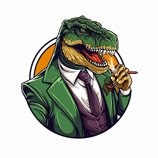 Trex smoking a cigar wearing a suit, big colour design,super crisp, on blank white background, vector art, 2d