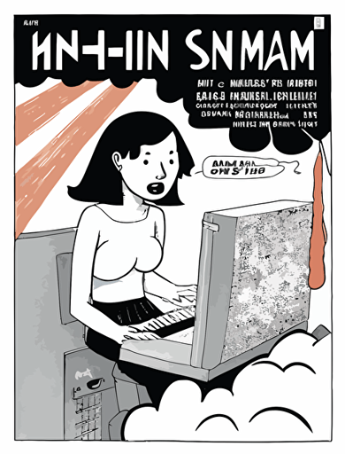 Ben Shahn, American art comic book style. There are Asian young climate activists, delivery riders, female human rights activists, and a female worker, and they imagine a "hammer" and a "keyboard," together on a big stage, hammer and keyboard illust in a thought cloud, non-letter illustration. white background, vector imagination