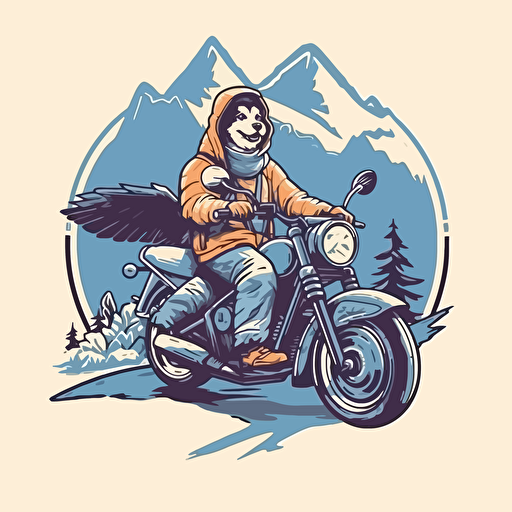 Vector logo that depicts a a dog with blue fur riding a motorcycle and a goose going on an off-road adventure in the mountains